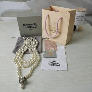 Brand new Vivienne Westwood Three Row Pearl Bas Relief Choker in Silver